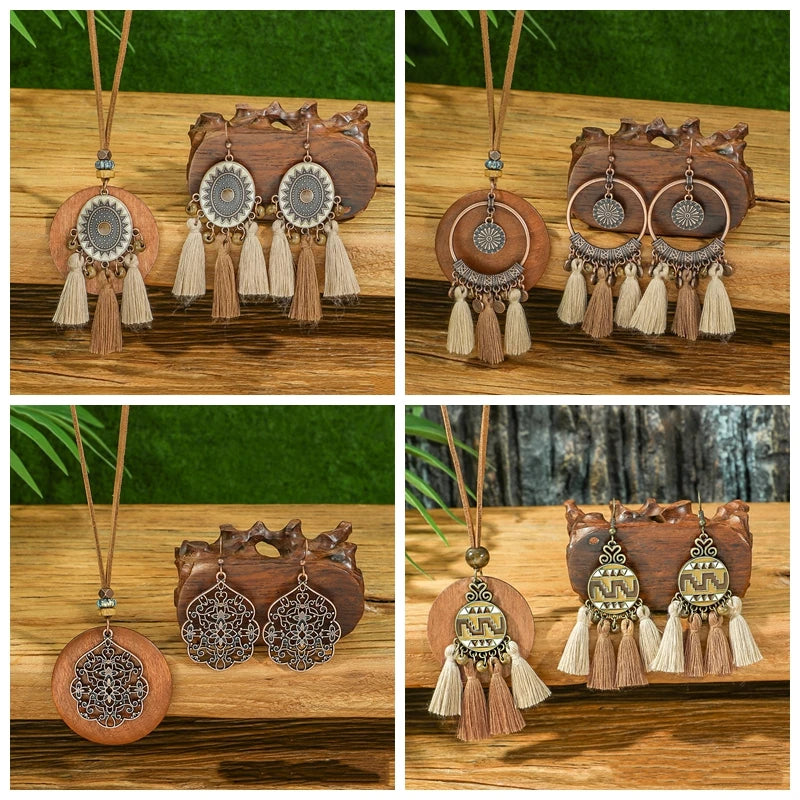 Wood Round Tassel Necklace Earring Set Jewelry