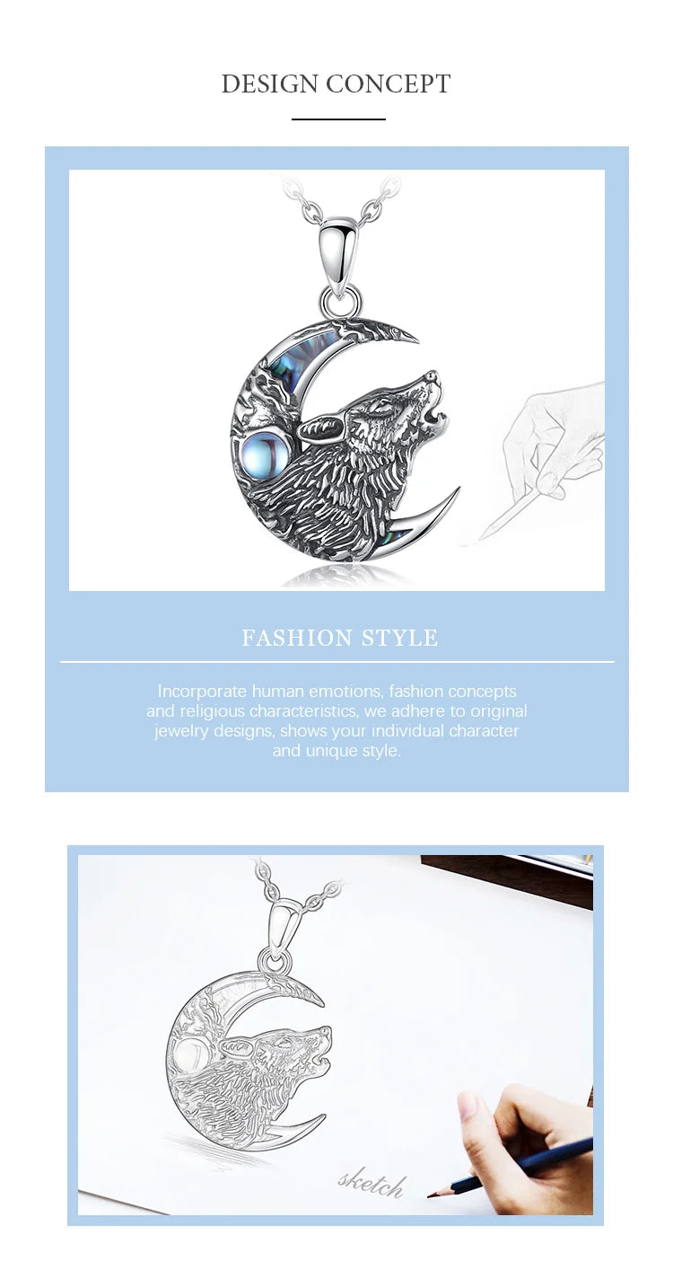 Wolf on the Moon Necklace with Moonstone, S925 Sterling Silver