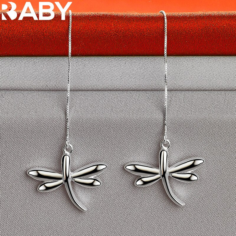 925 Sterling Silver Fine Cute Dragonfly Long Drop Earrings For Woman Fashion Wedding Party Charm Jewelry Gift