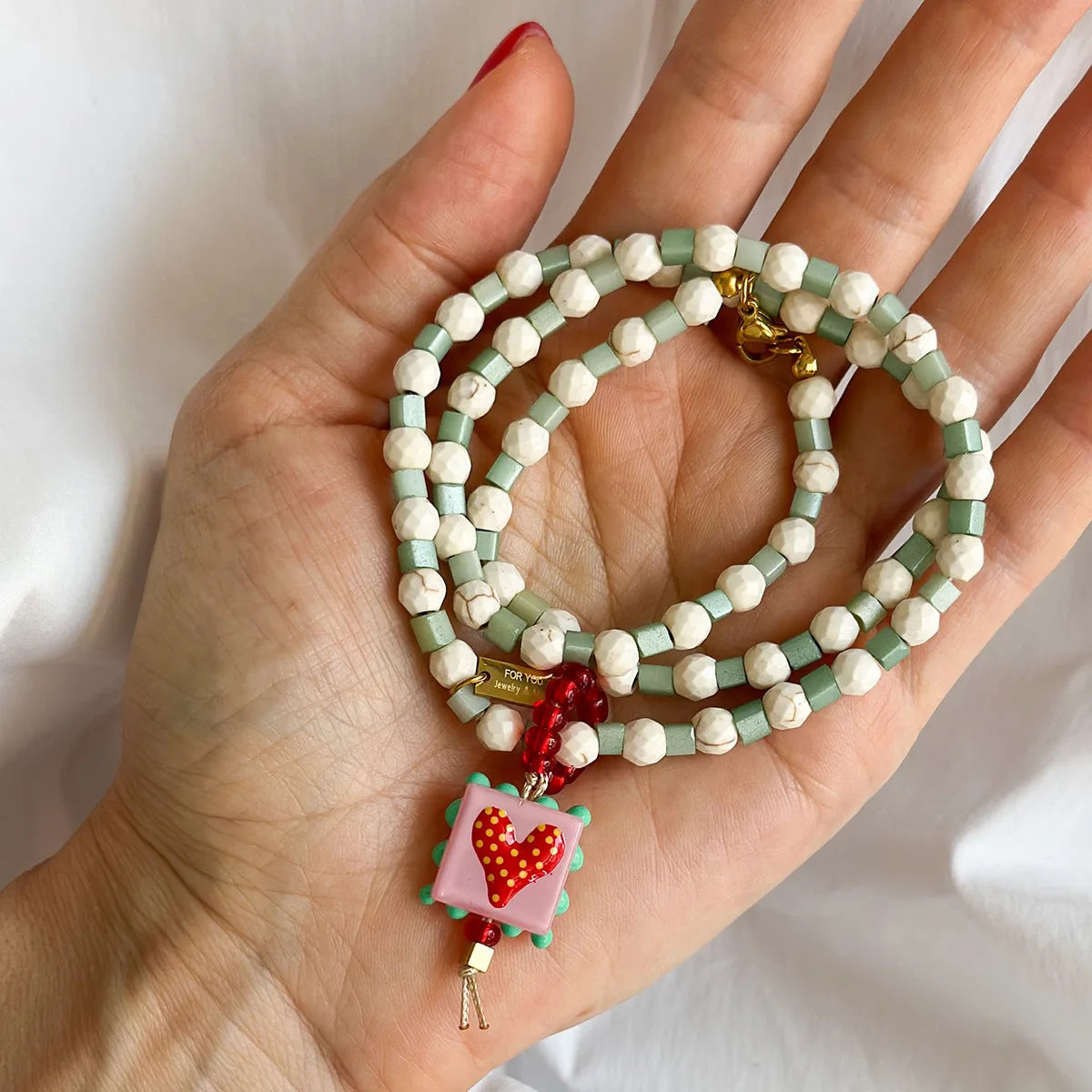 French White Turquoise and Heart Glass Pendant Sweater Chain