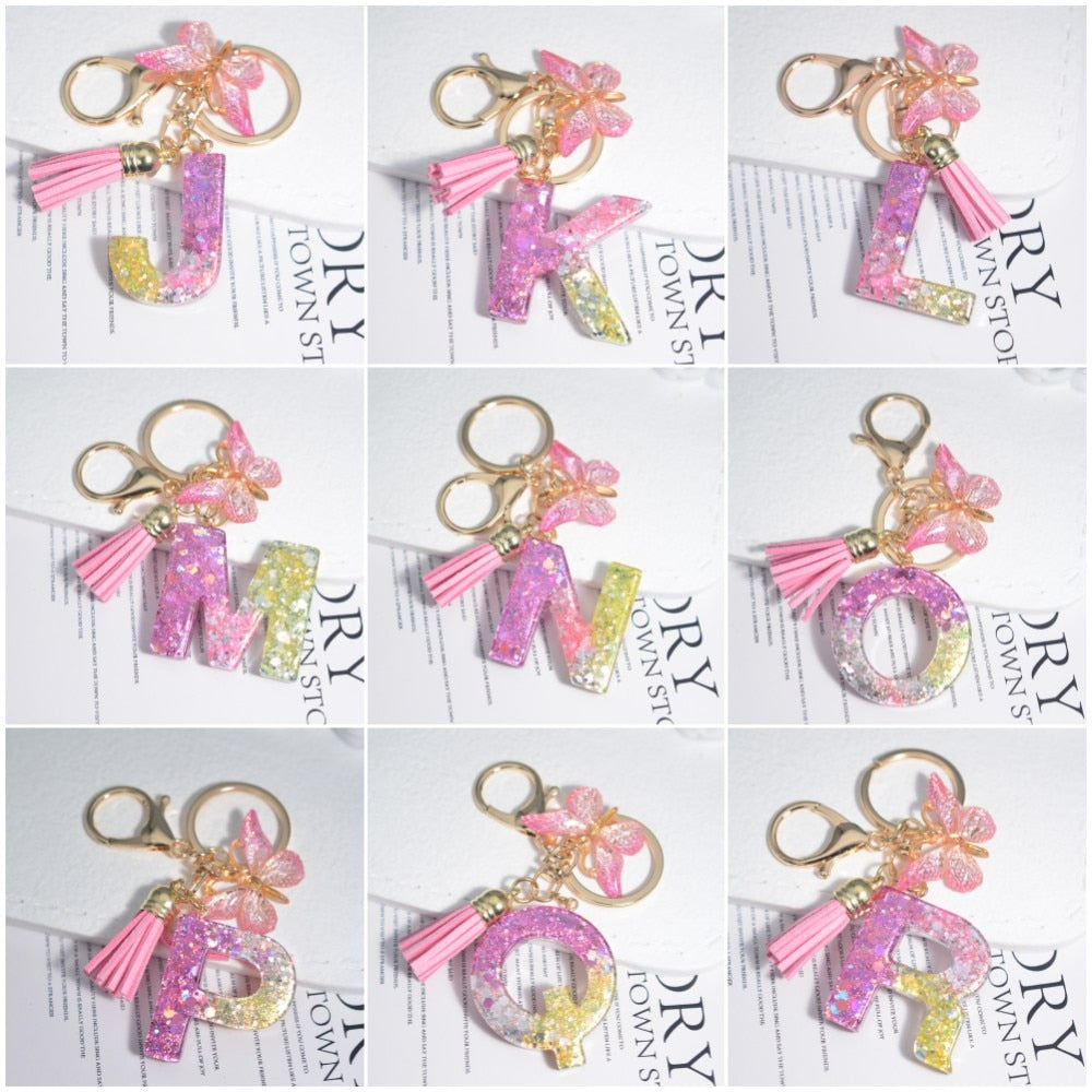 Cute Resin A-Z Initials Letter Keychain Pink Sparkle Butterfly Tassel Pendant Keyring for Women Girl Purse Handbags Jewelry Gift - Charlie Dolly