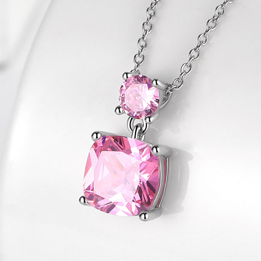 925 Sterling Silver Colored Crystal Necklace Light 9MM Cushion Crystal Pendants Necklace for Women Girl Elegant Classic Jewelry