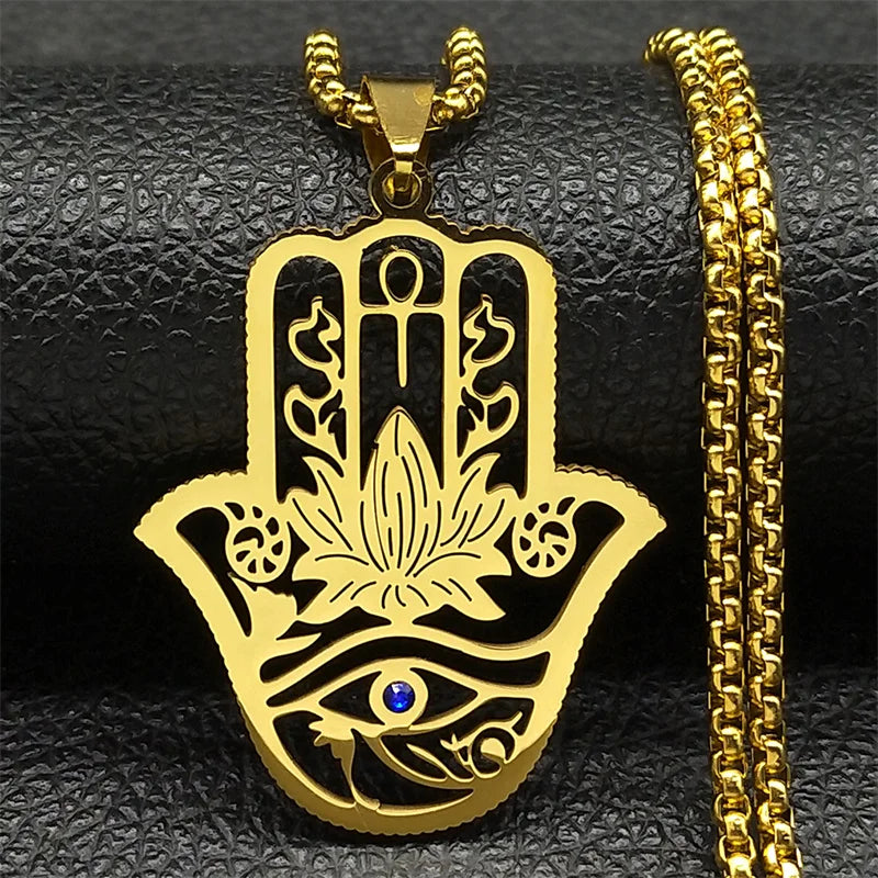 Hamsa Hand, Ankh, Lotus & Eye of Horus Pendant, Egyptian Protection Amulet
