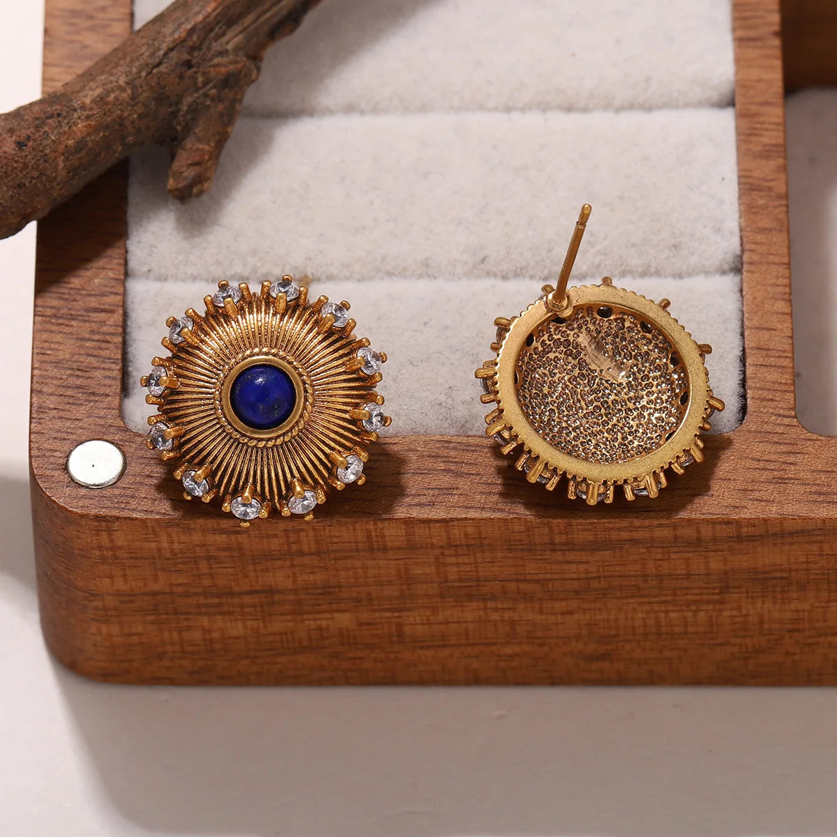 Women's Vintage Gold Plated Lapis Lazuli Sunburst Stud Earrings with Zircon Crystal Accents, Fashion Jewelry Gift - Charlie Dolly