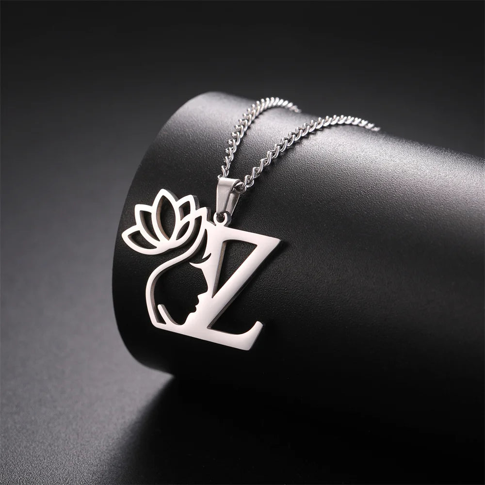 Lotus Flower Initial Letter Pendant, Personalized Stainless Steel Necklace