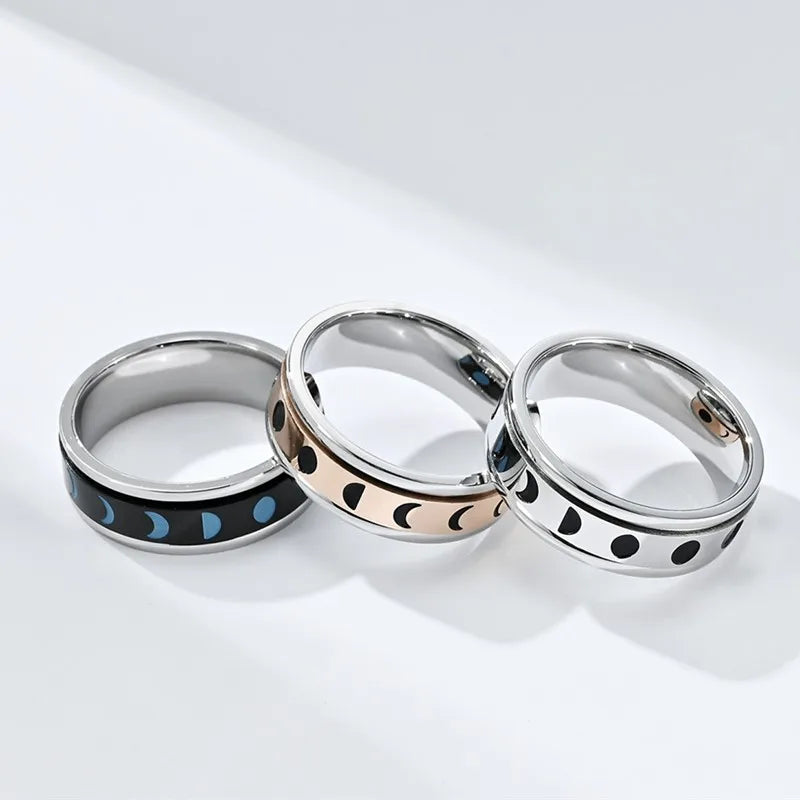 Moon Phase Spinner Ring, Stainless Steel Fidget Witchy Amulet