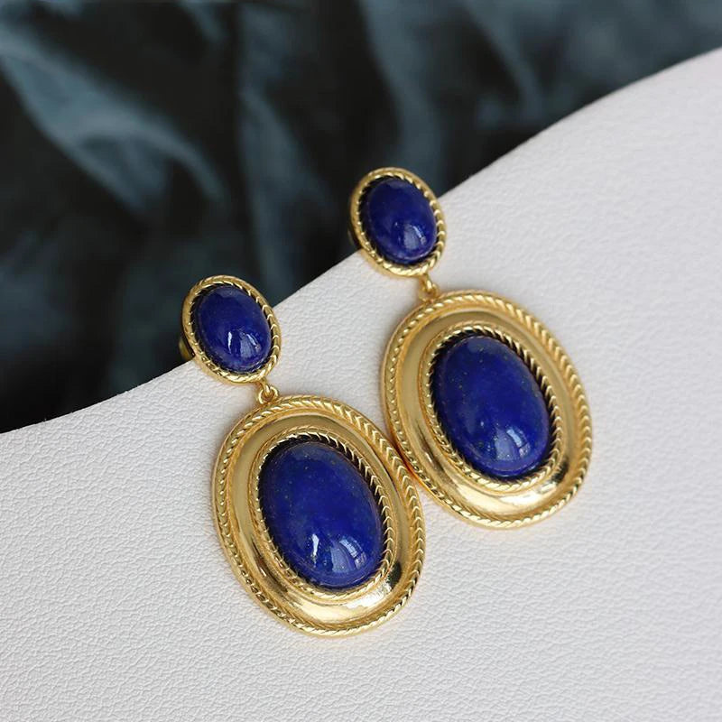 New design inlaid lapis lazuli oval hollow earrings exaggerated punk style retro ancient gold craftsmanship women's jewelry - Charlie Dolly