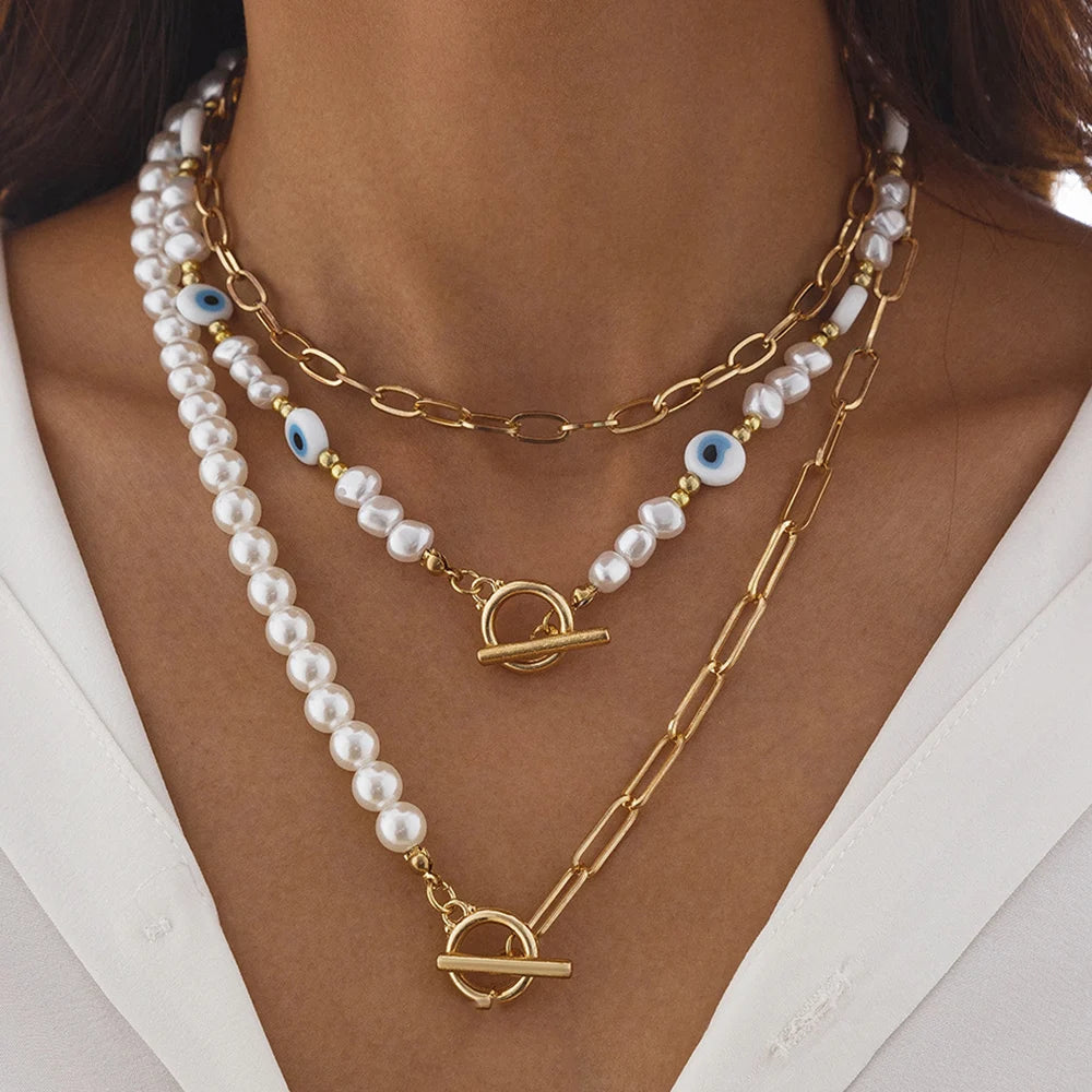Irregular Pearl Multilayer Heart Pendant Boho Choker