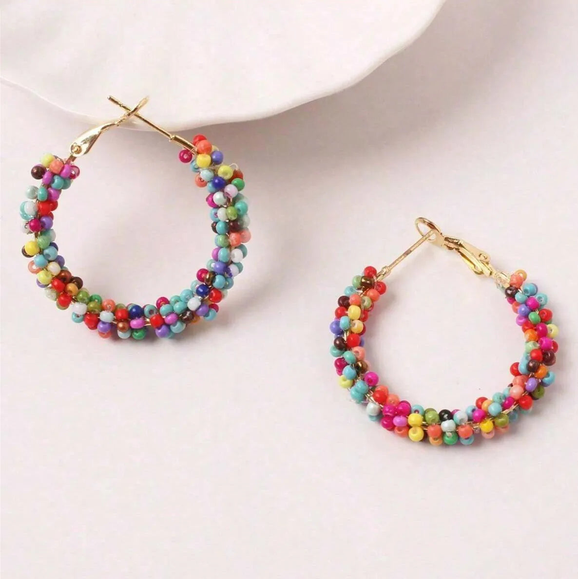 Colorful Bead Gold Statement Hoop Earrings Jewelry