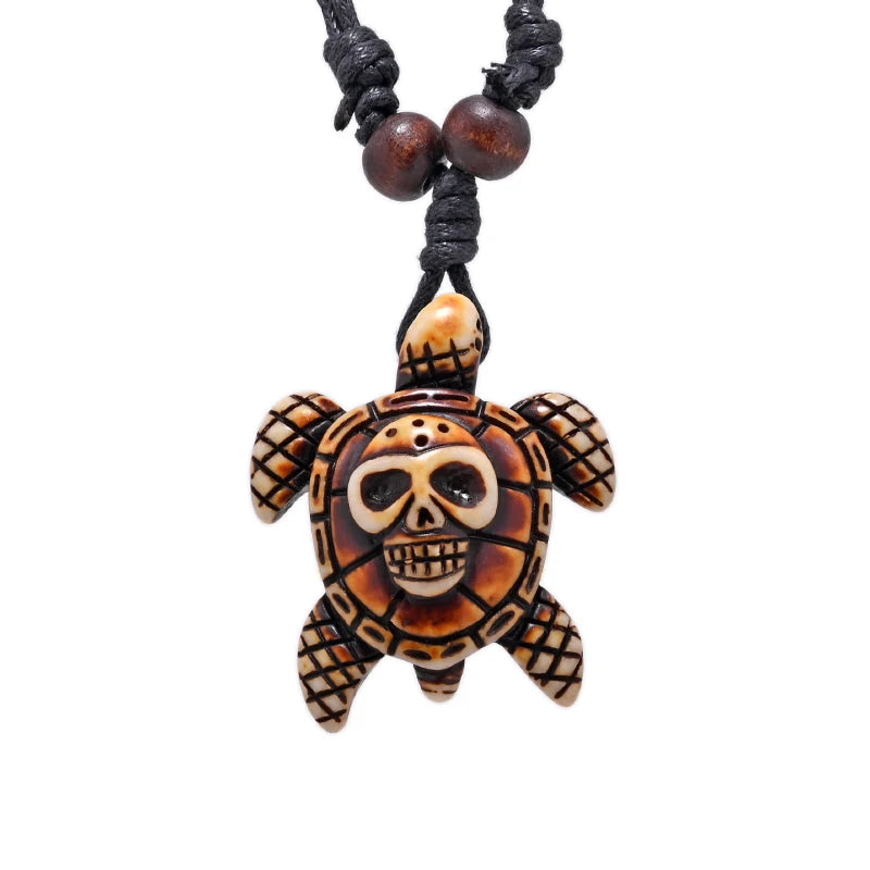 Sea Turtle Bone Pendant Wax Cord Necklace Jewelry