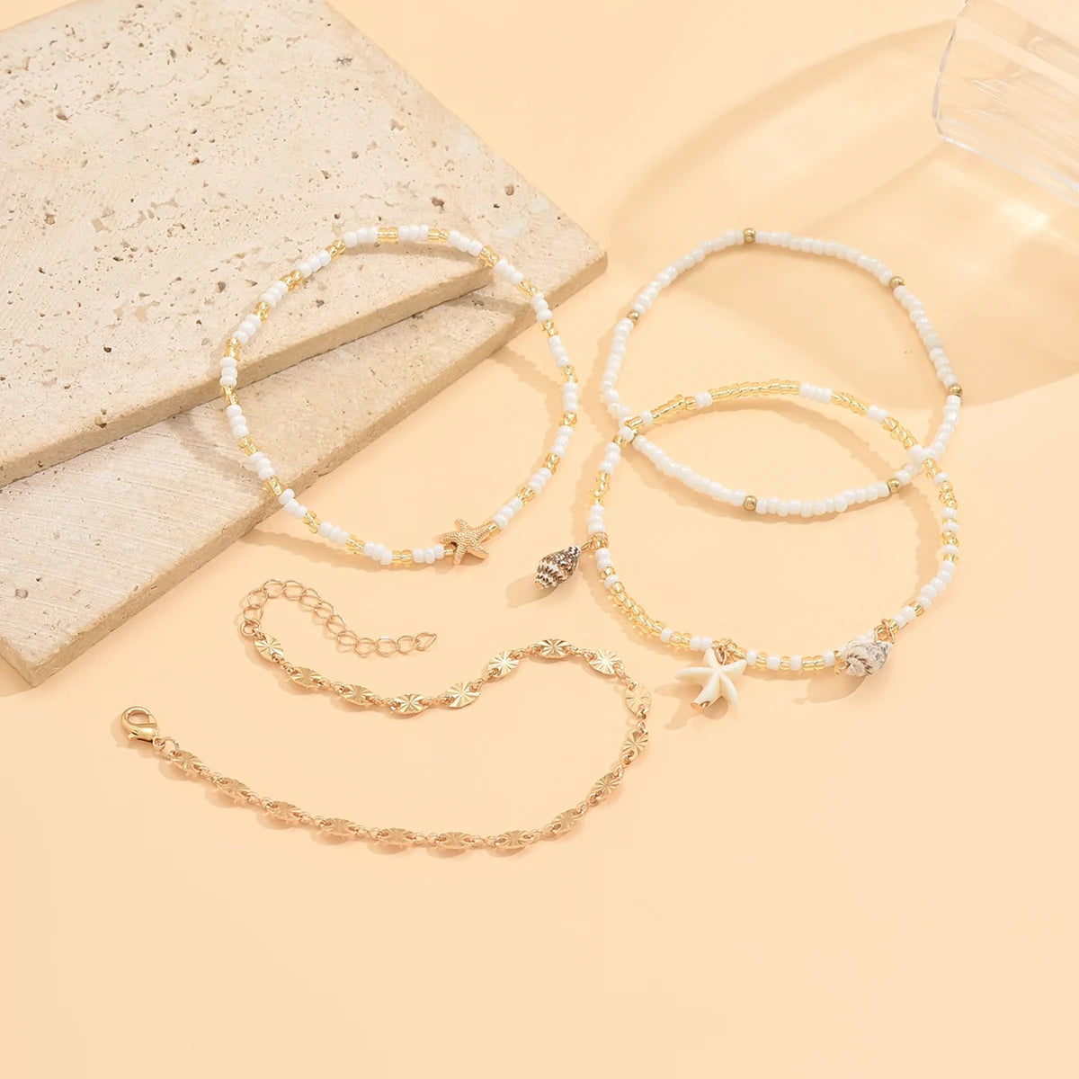 Starfish and Shell Stackable Beaded Anklet Set (4 Pieces)