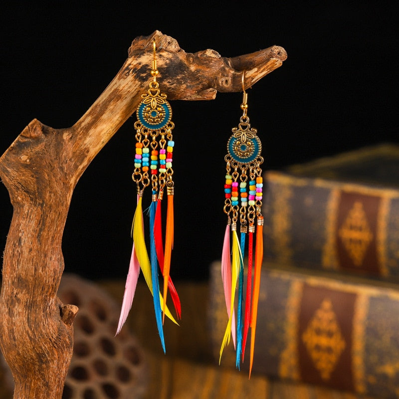 Vintage Bohemian Ethnic Style Earrings Long Rice Bead Tassel Earrings FOR WOMEN Alloy Dripping Oil Long Tassel Earrings - Charlie Dolly