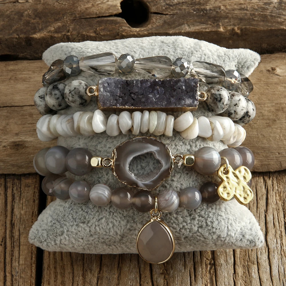 New Designer Boho Beaded Bracelet Set Natural Stone & Druzy 5pc Bracelets Bangles Set For Fashion Jewelry - Charlie Dolly