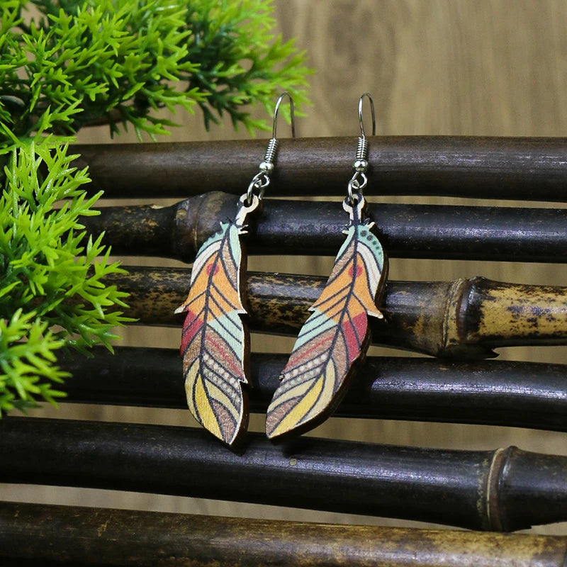 Wooden Bead Flower Leaf Long Tassel Earrings Jewelry
