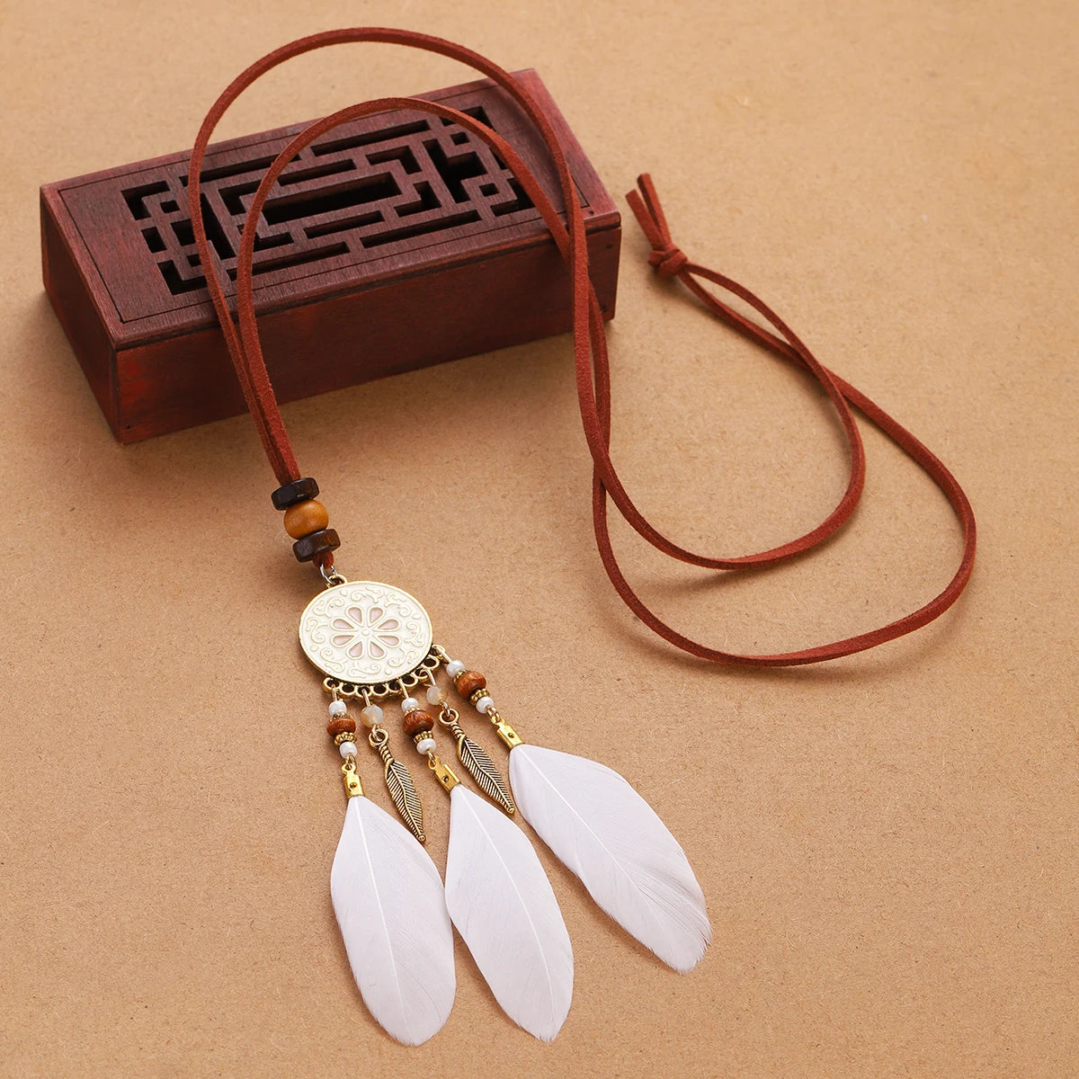 Rope Bead Feather Pendant Long Necklace Jewelry