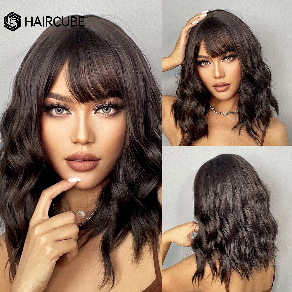 Medium Length Water Wave Synthetic Wigs Cute Pink Wigs With Bangs for Women Cosplay Natural Heat Resistant Bob Lolita Hair