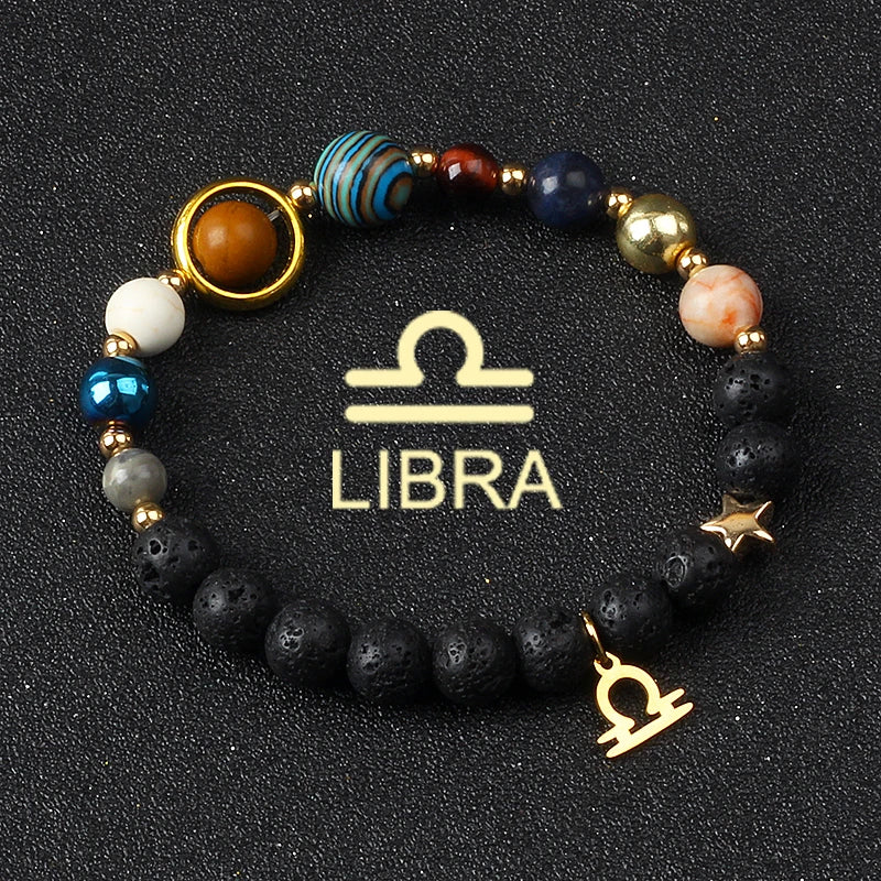 Eight Planets & Twelve Zodiac Beaded Bracelet, Natural Stone Cosmic Astrology Talisman
