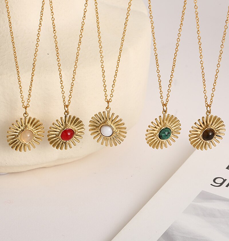 Bohemia Natural Stone Sunflower Pendant Necklaces for Women Stainless Steel Clavicle Chain Necklaces Female Party Jewelry Gifts