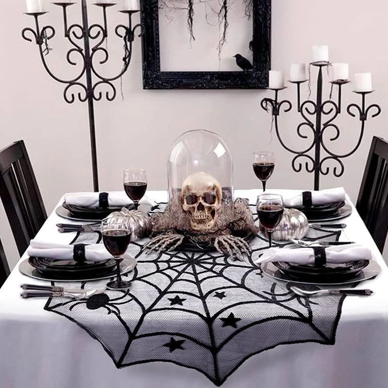Halloween Black Lace Placemat Happy Halloween Party Decorations 2024 For Home Spider Web Tablecloth Kitchen Dining Table Covers - Charlie Dolly