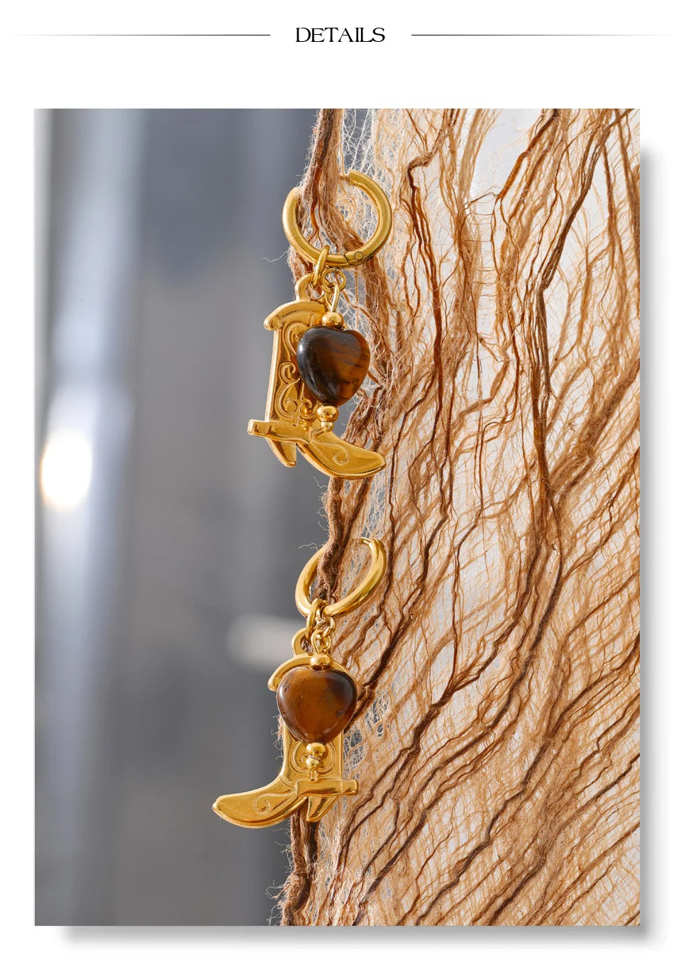 Natural Tiger Stone Boot Charm Drop Hoop Earrings, Stainless Steel Vintage Jewelry