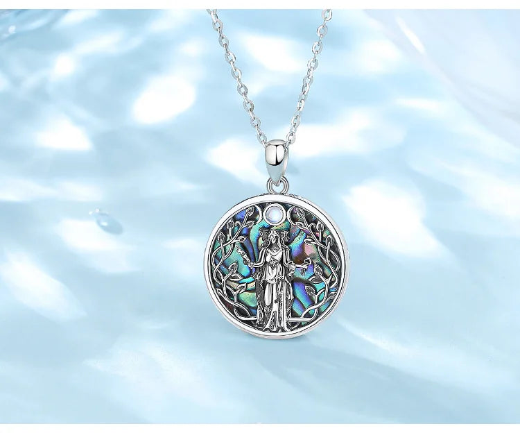 S925 Sterling Silver Triple Moon Goddess Pendant Necklace, Hecate Natural Abalone Amulet