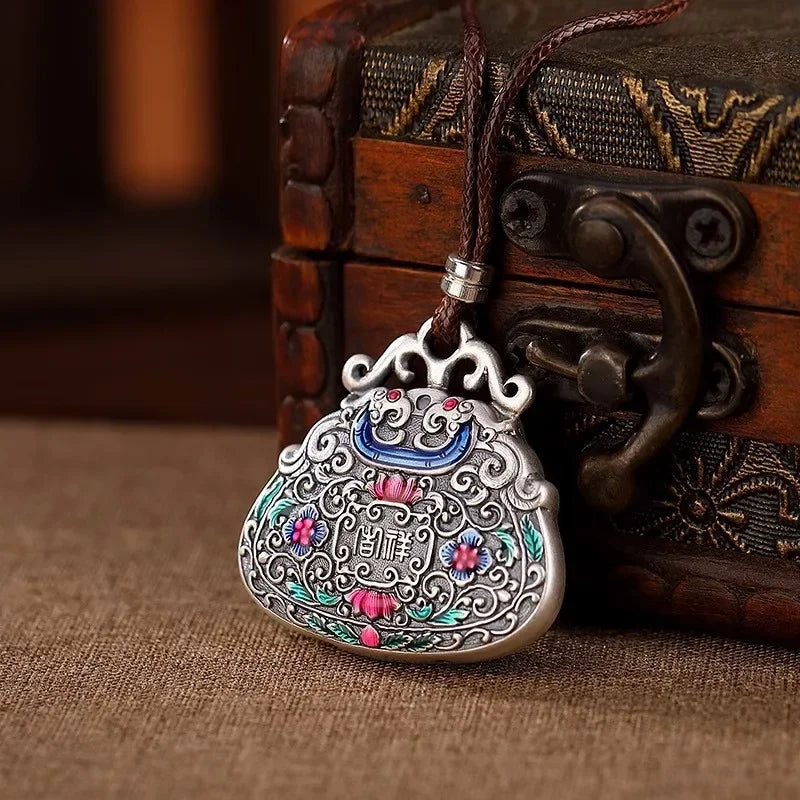 925 Sterling Silver Cloisonne Mandarin Duck & Lotus Enamel Necklace, Auspicious Love Amulet