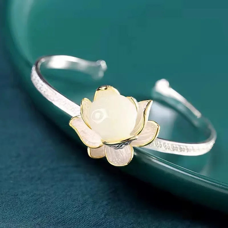 Natural Hotan Jade Lotus Flower Jewelry Set, Necklace Ring Bracelet Hairpin Boutique