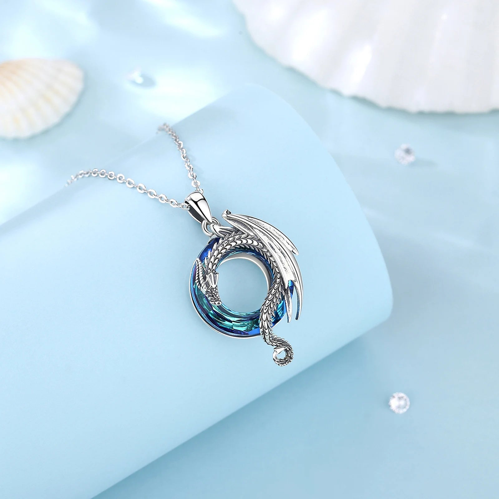 Dragon Amulet Necklace with Austrian Crystal, S925 Sterling Silver