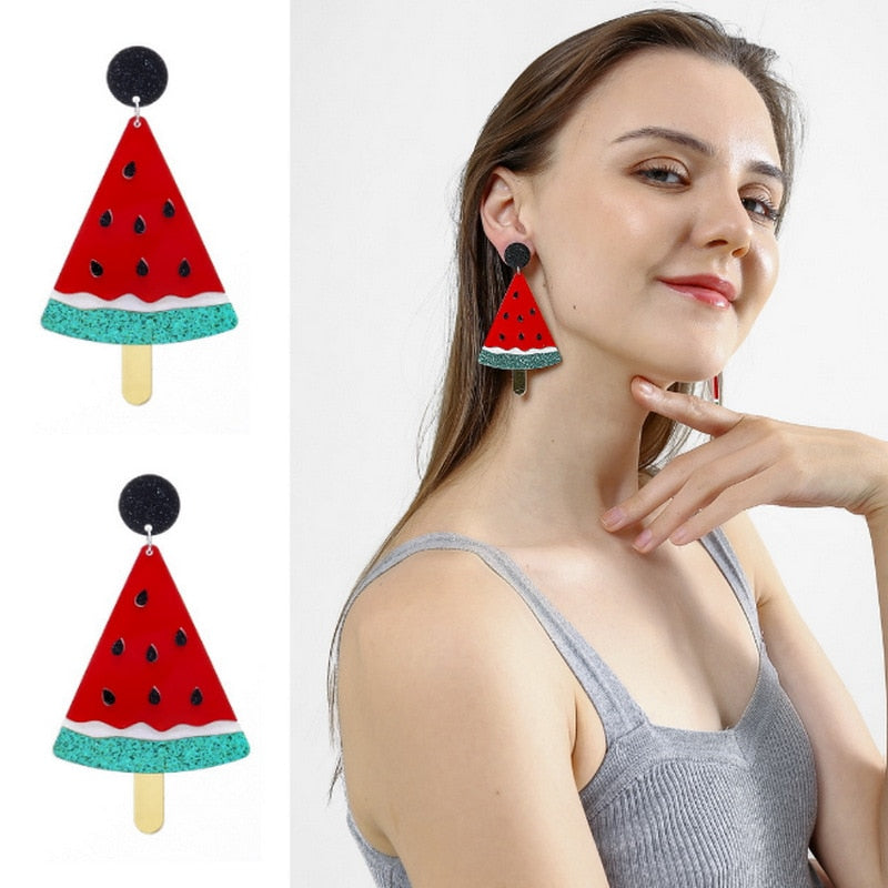 Acrylic Vegetables Fruits Summer Earrings For Girls Cute Cartoon Dragon Strawberry Watermelon Broccoli Pineapple Lemon Earrings