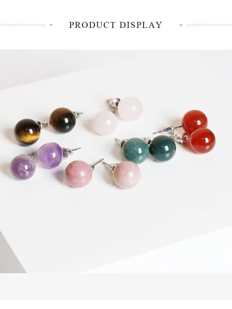 Natural Stone Agate Quartz Lapis Lazuli Tiger Eye Round Bead Stud Earrings Women Fashion Simple Stainless Steel Crystal Ear Stud - Charlie Dolly