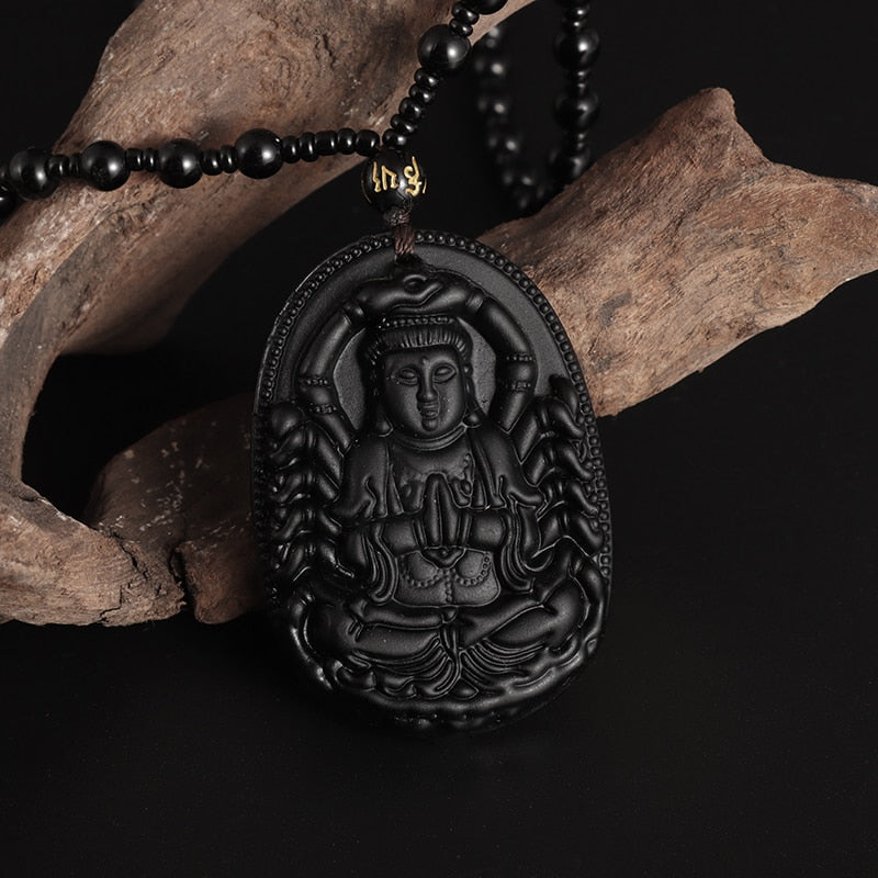Fashion Frosted Obsidian Sakyamuni Buddha Head Charm Men and Women Amulet Necklace Buddhist Religious Jewelry