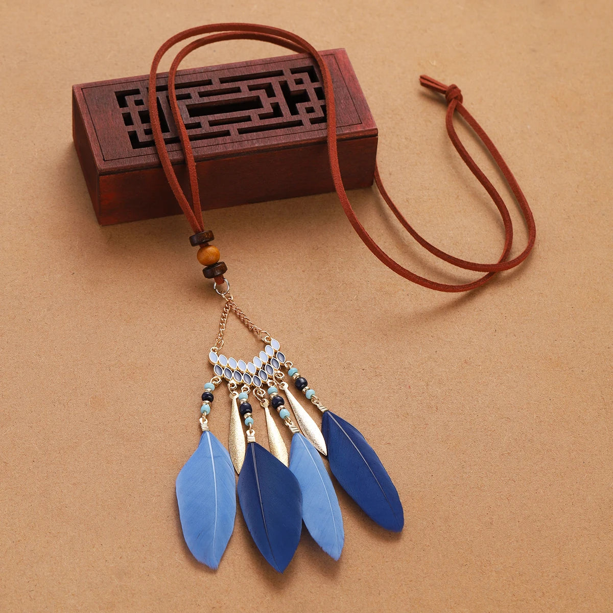 Rope Bead Feather Pendant Long Necklace Jewelry