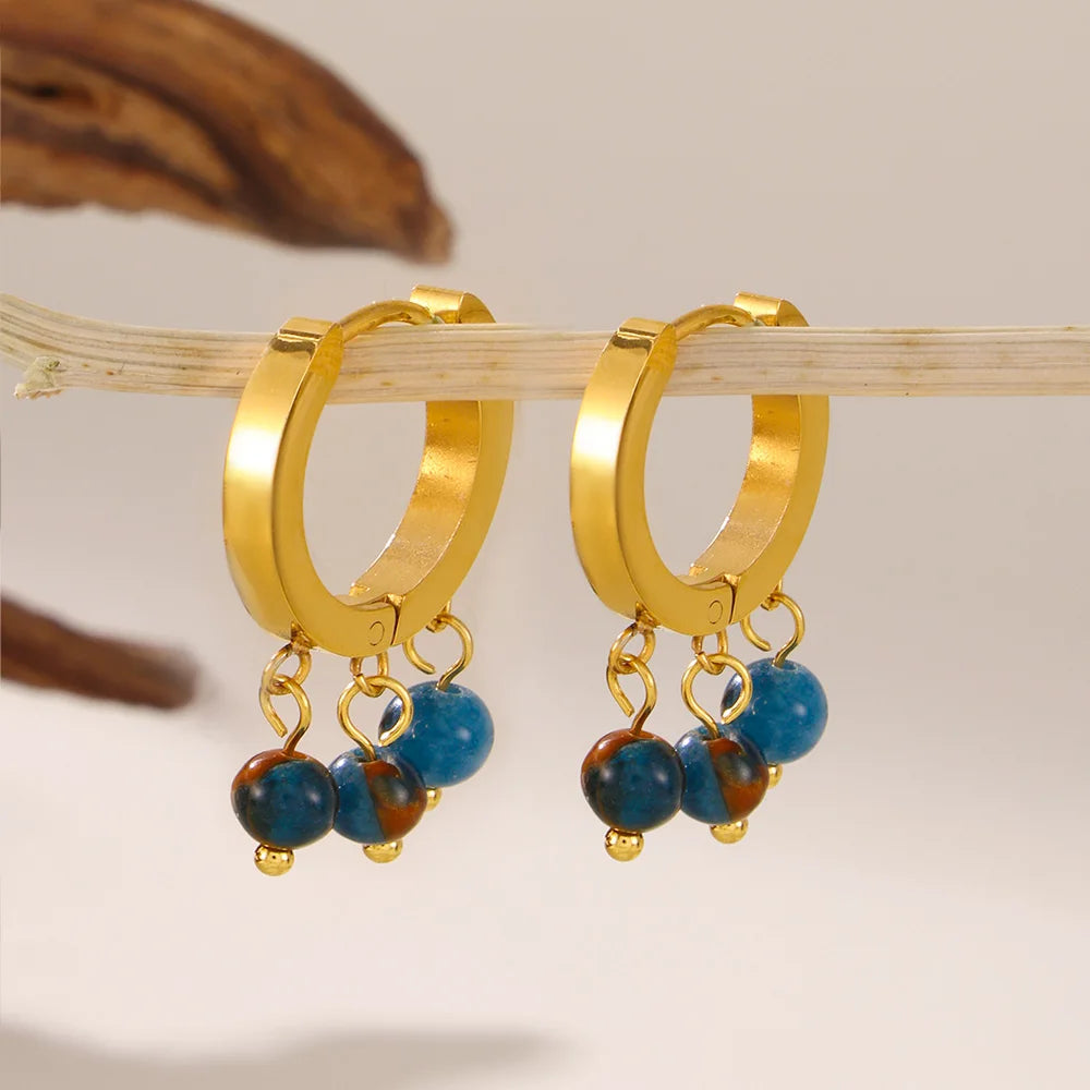 Multi-Color Natural Stone Dangle Earrings, Waterproof Stainless Steel Boho Jewelry