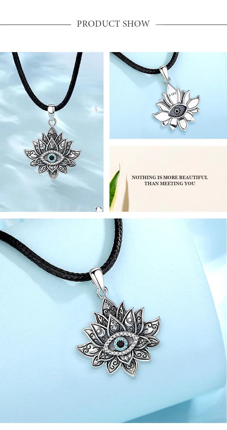 925 Sterling Silver Evil Eye & Lotus Pendant Necklace, Vintage Eudora Sacred Amulet