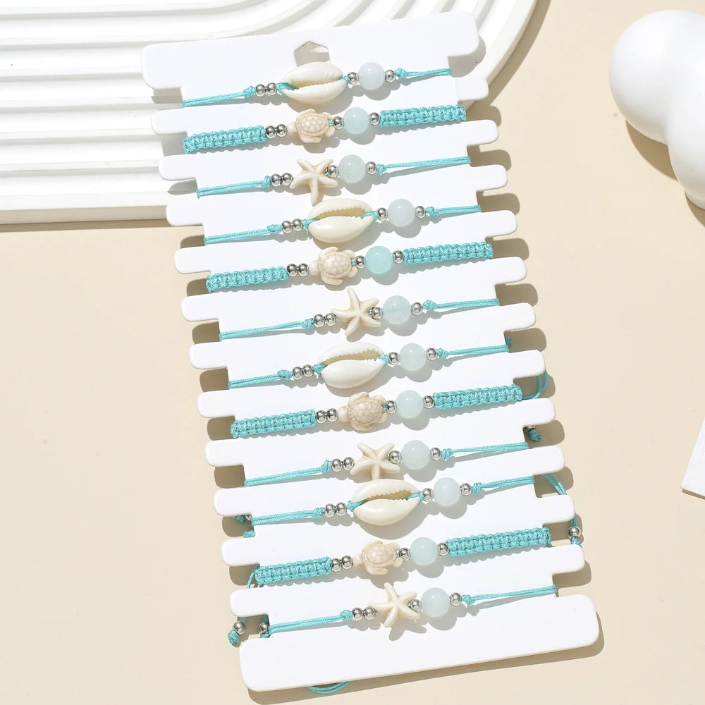 Shell, Starfish and Turtle Charm Braided Rope Bracelet Set (12 Pieces)