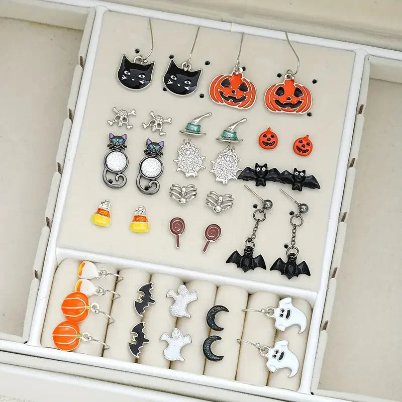 36 Pcs Halloween Earrings Set for Women Vintage Cute Ghosts Black Cats Pumpkins Bats Spiders Drop Stainless Steel Ear Needle - Charlie Dolly