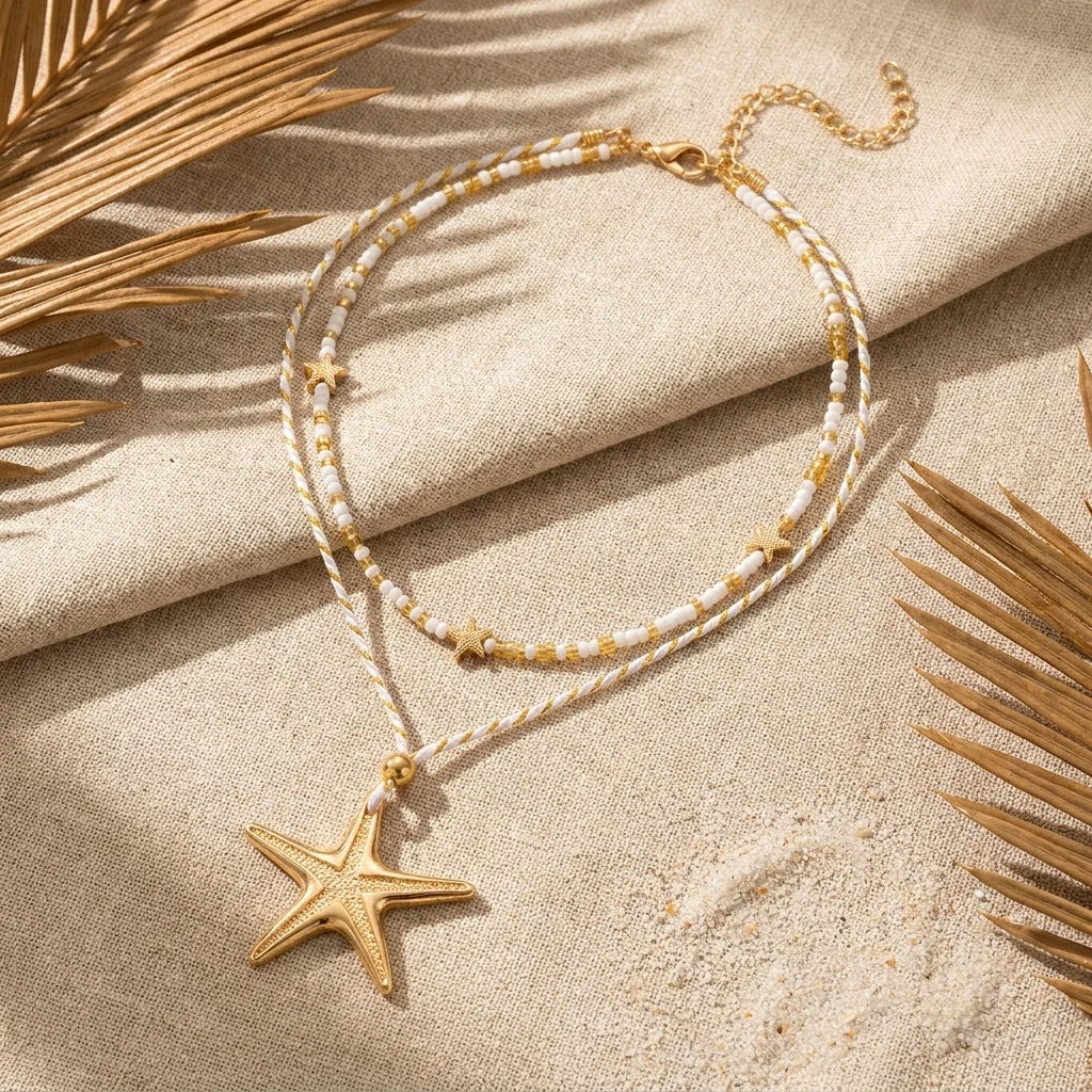 Gold Starfish Seed Bead Rope Choker Necklace Jewelry
