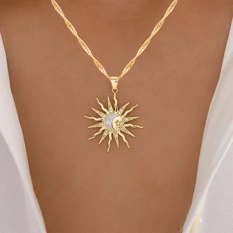 Sun Moon & Star Three-in-One Rhinestone Pendant Necklace, Vintage Celestial Talisman