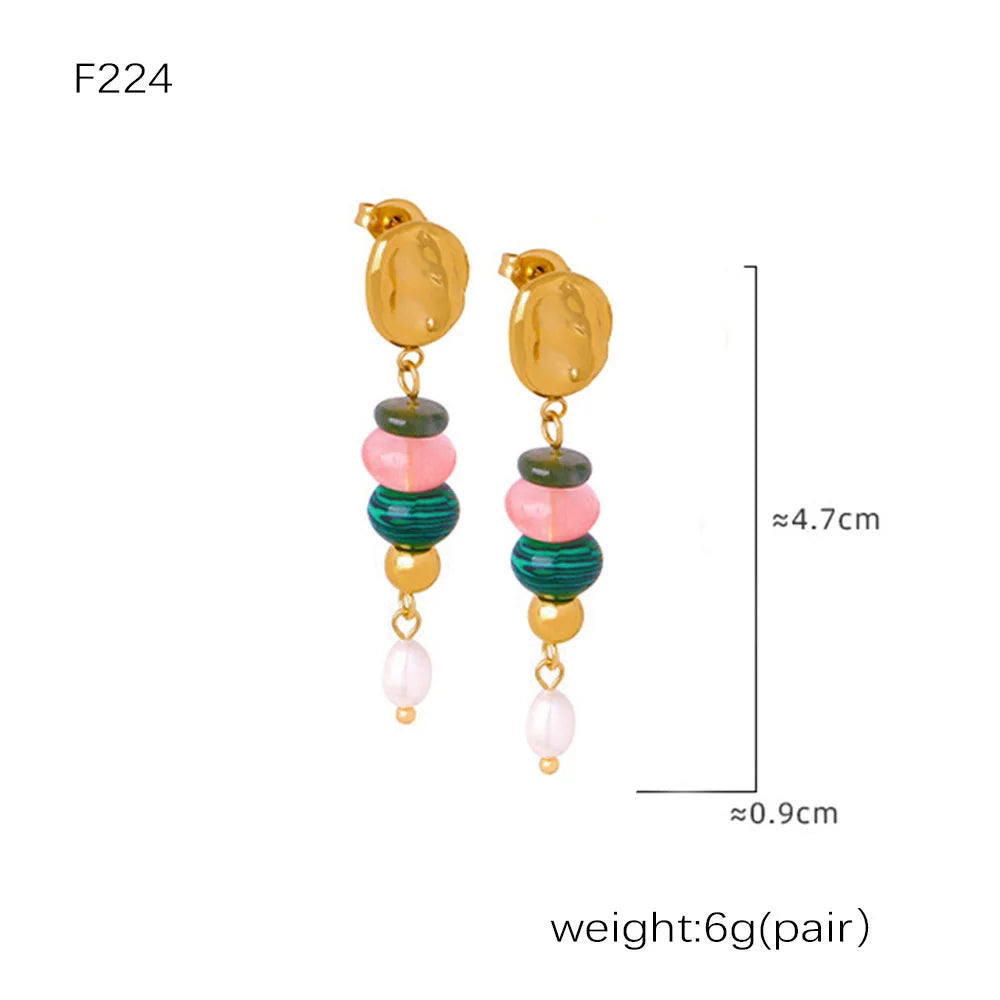 Multi-Color Natural Stone Dangle Earrings, Waterproof Stainless Steel Boho Jewelry