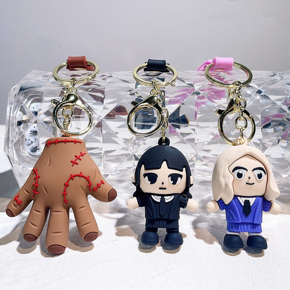 Trend Movie Addams 3d Keychain Wednesday Addams Pendant Keyrings Cartoon Figure Keyholder Backpack Car Key Keychains Accessories