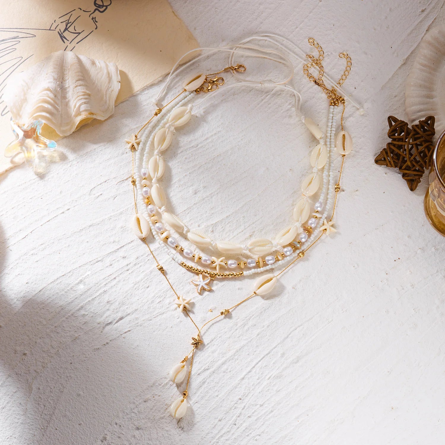 Dainty Shell, Starfish and Rice Bead Layered Clavicle Necklace