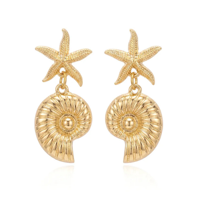 Boho Starfish, Conch and Scallop Pearl Pendant Earrings