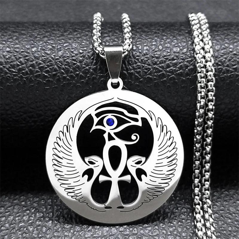 Hamsa Hand, Ankh, Lotus & Eye of Horus Pendant, Egyptian Protection Amulet