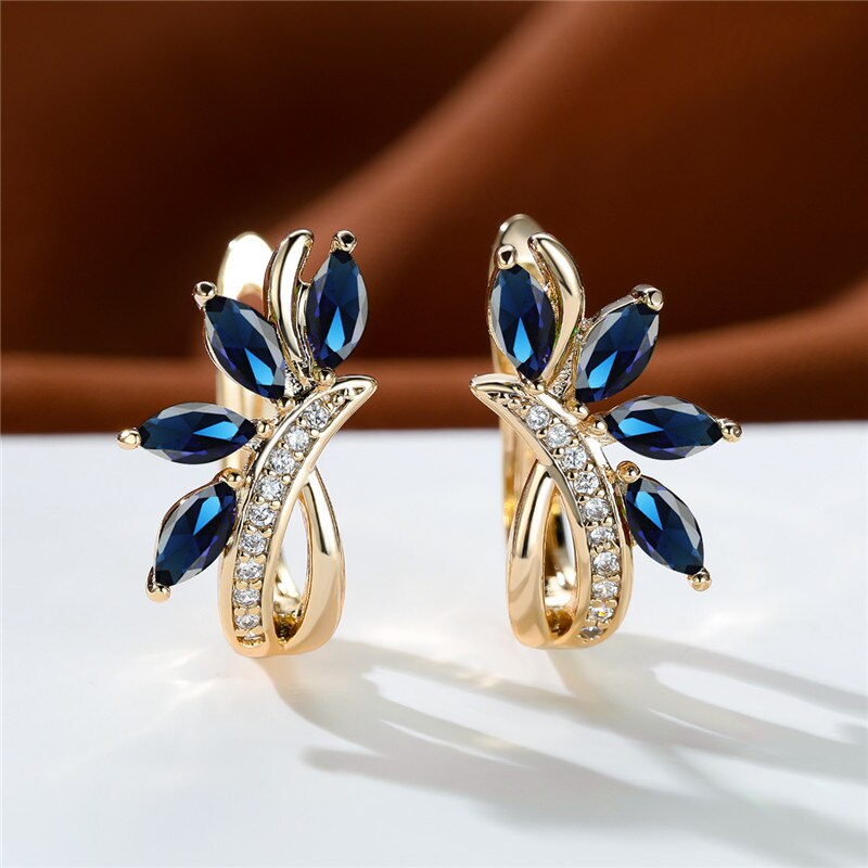 Cute Flower Light Blue Zircon Earrings Multicolor Crystal Stone Hoop Earrings Trendy Gold Color Wedding Earrings For Women