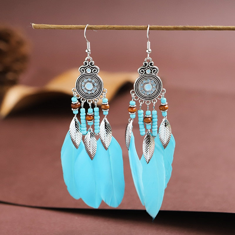Vintage Bohemian Ethnic Style Earrings Long Rice Bead Tassel Earrings FOR WOMEN Alloy Dripping Oil Long Tassel Earrings - Charlie Dolly