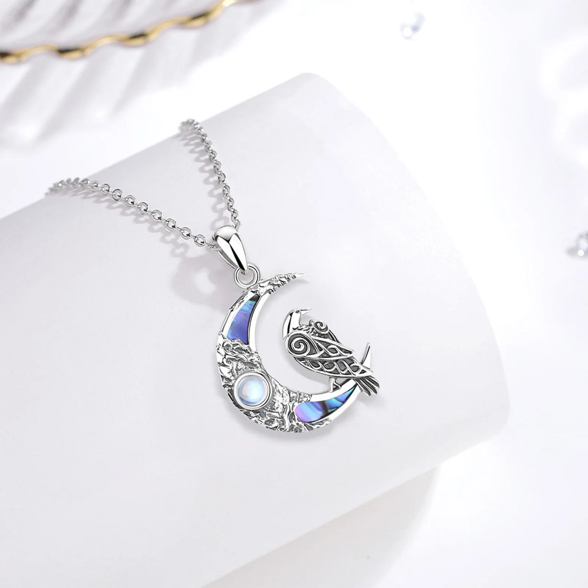 Sterling Silver 925 Viking Raven & Pentagram Moon Necklace, Abalone Shell Amulet
