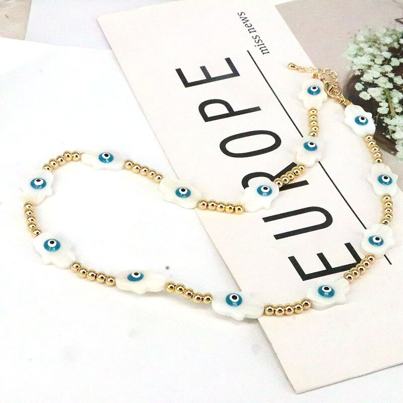 Vlen Boho Turkish Evil Eye Necklace Jewelry for Women Gold Color Beaded Choker Necklaces Natural Shell Lucky Hamsa Hand Collar
