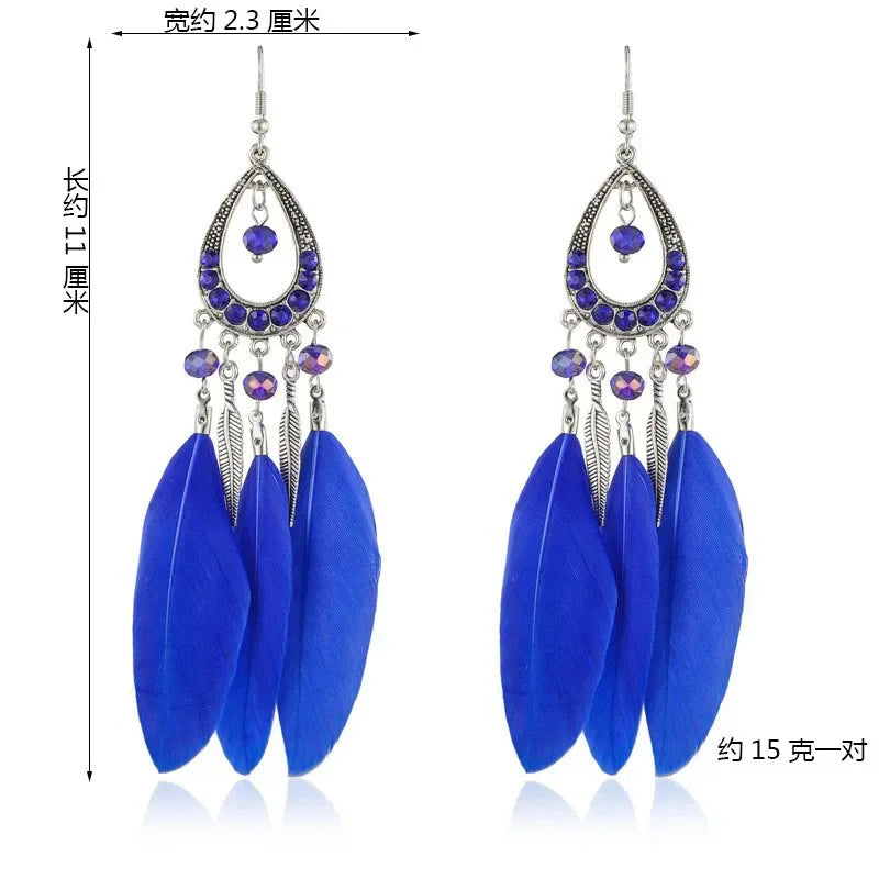 Feather Crystal Tassel Boho Dangle Earrings Jewelry