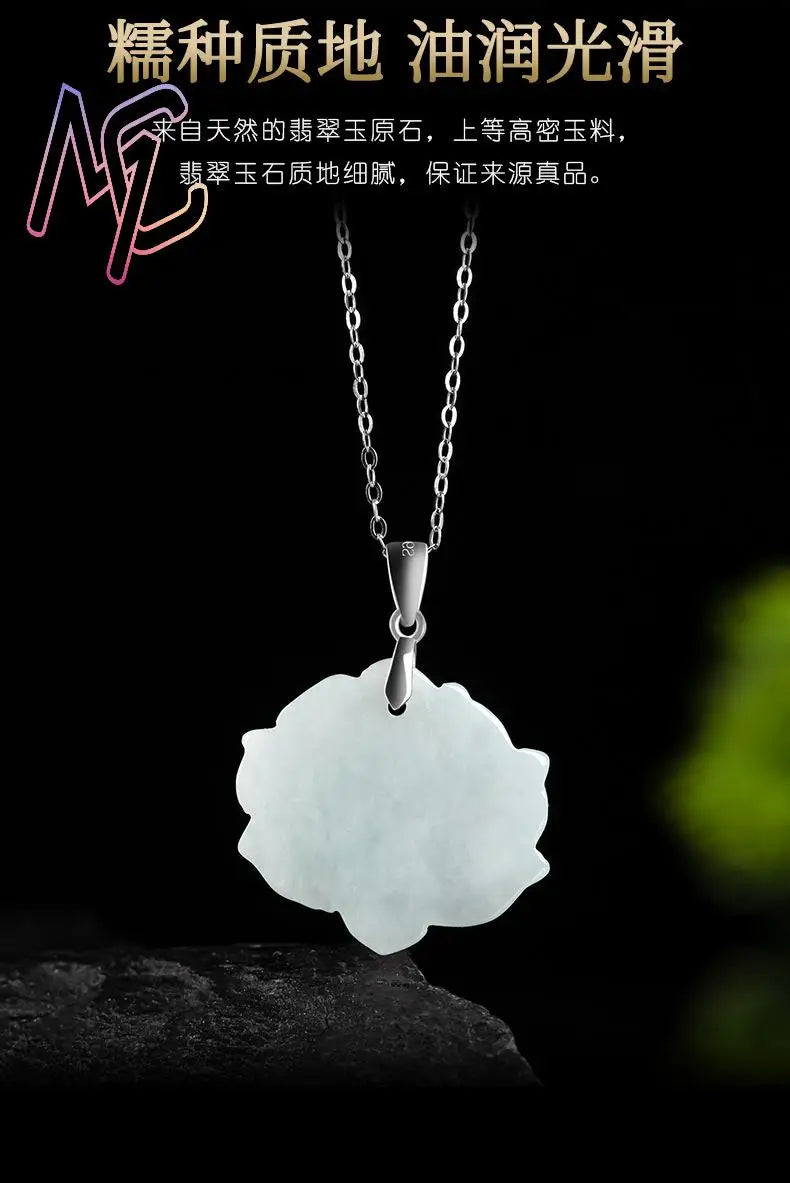 Myanmar Burmese Jadeite Lotus Boho Amulet Necklace, Real Jade Talisman