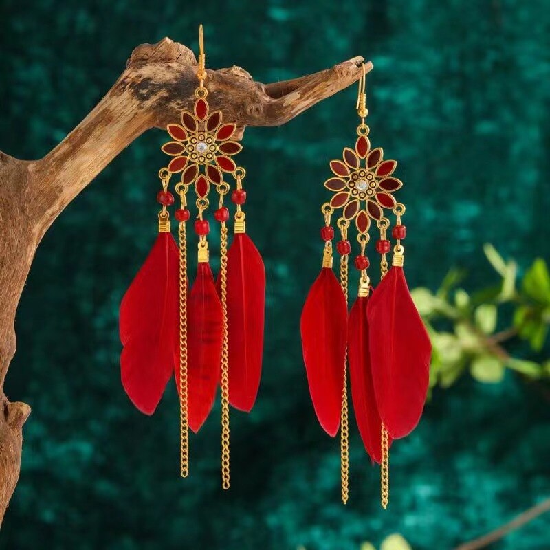 Vintage Bohemian Ethnic Style Earrings Long Rice Bead Tassel Earrings FOR WOMEN Alloy Dripping Oil Long Tassel Earrings - Charlie Dolly